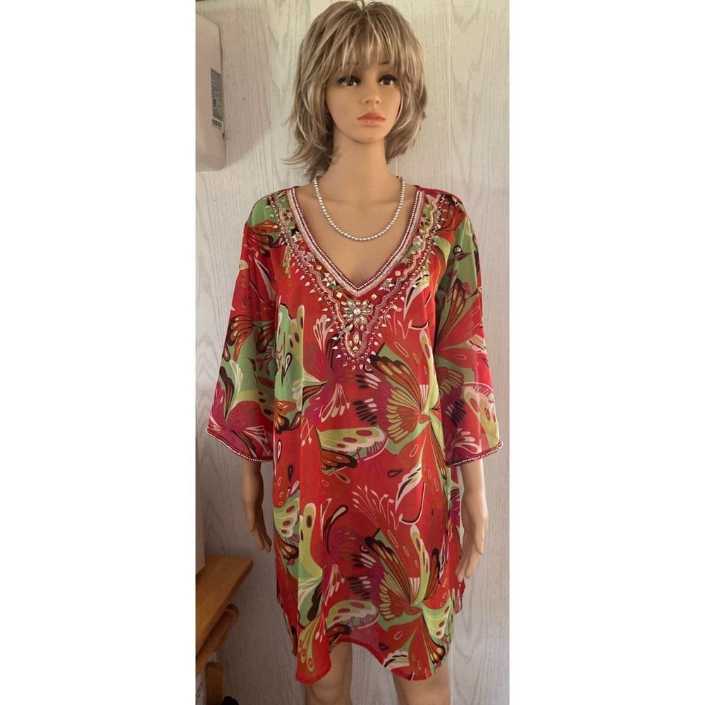 MIDNIGHT VELVET Embellished Boho Artsy Caftan Top Beaded Sequins Size 2X NEW